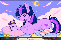 Size: 1280x855 | Tagged: safe, artist:crywulfe, derpibooru import, twilight sparkle, unicorn twilight, pony, unicorn, g4, alternate color palette, alternate hair color, animal jam, blanket, blushing, book, clothes, crescent moon, eyes closed, eyeshadow, female, glasses, horn, long socks, lying down, makeup, mare, moon, multicolored mane, multicolored tail, night, open book, pillow, profile, prone, purple coat, reading, short horn, sky background, smiling, socks, solo, stars, straight mane, straight tail, striped socks, tail, text, thigh highs, unicorn horn