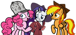 Size: 894x420 | Tagged: safe, artist:noi kincade, derpibooru import, pinkie pie, rarity, oc, oc:firey ratchet, earth pony, pegasus, unicorn, g4, clothes, deerstalker, detective, detective rarity, fedora, female, hat, horn, male, sherlock holmes, sherlock pie, simple background, transparent background, trenchcoat