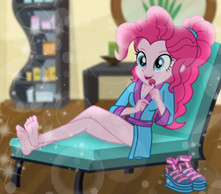 Size: 2000x1750 | Tagged: safe, artist:emeraldblast63, derpibooru import, pinkie pie, equestria girls, g4, alternate hairstyle, barefoot, candy, chair, clothes, cute, diapinkes, feet, food, lollipop, nail polish, ponytail, robe, sandals, shoes removed, spa, toenail polish