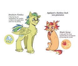 Size: 1541x1303 | Tagged: safe, artist:anemonaii, derpibooru import, oc, oc only, oc:braeburn nimbus, oc:maple syrup (anemonaii), earth pony, pegasus, pony, g4, bandaid, bandaid on nose, brother and sister, cheek fluff, chest fluff, colored eyebrows, colored hooves, colored pinnae, duo, duo male and female, ear fluff, ears, earth pony oc, female, folded wings, glasses, green coat, green eyes, height difference, hoof on chin, leg fluff, looking at someone, looking back, magical lesbian spawn, male, mare, messy mane, multicolored mane, multicolored tail, next generation, offspring, orange coat, parent:applejack, parent:rainbow dash, parents:appledash, pegasus oc, purple eyes, short mane, short tail, shy, shy smile, siblings, signature, simple background, sitting, smiling, stallion, standing, tail, text, tied mane, underhoof, unshorn fetlocks, white background, wingding eyes, wings