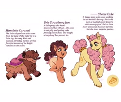 Size: 1541x1303 | Tagged: safe, artist:anemonaii, derpibooru import, li'l cheese, oc, oc:brie strawberry jam, oc:cheese cake (anemonaii), oc:mimolette caramel, earth pony, pony, yak, g4, adopted offspring, adopted son, alternate name, blue eyes, bow, brown mane, brown tail, cape, clothes, coat markings, colored hooves, colored pinnae, countershading, curly hair, curly mane, curly tail, ear fluff, ears, earth pony oc, eyelashes, eyeshadow, facial markings, female, freckles, green eyes, hair over eyes, headband, height difference, jumping, long mane, looking at each other, looking at someone, makeup, next generation, non-pony oc, offspring, older li'l cheese, open mouth, open smile, orange coat, parent:cheese sandwich, parent:pinkie pie, parents:cheesepie, pigtails, pink mane, pink tail, raised hoof, raised leg, short mane, short tail, siblings, signature, simple background, smiling, smiling at each other, snip (coat marking), splotches, tail, tail bow, text, tied tail, trans female, transgender, trio, unshorn fetlocks, walking, white background, wingding eyes, yak oc, yellow coat