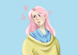 Size: 3508x2480 | Tagged: safe, artist:foxysslave, derpibooru import, fluttershy, human, g4, alternate hairstyle, blue background, blushing, clothes, humanized, shirt, simple background, solo, sweater, sweatershy