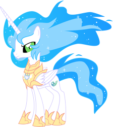 Size: 7375x8246 | Tagged: safe, artist:shootingstarsentry, derpibooru import, oc, oc only, oc:cosmos, alicorn, pony, armor, black sclera, concave belly, ethereal mane, ethereal tail, folded wings, frown, green eyes, hoof shoes, horn, long horn, looking at you, male, male alicorn, male alicorn oc, neck armor, peytral, princess shoes, simple background, slender, slit eyes, solo, sparkly mane, sparkly tail, stallion, standing, tail, thin, transparent background, wings