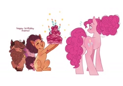 Size: 1420x995 | Tagged: safe, artist:anemonaii, derpibooru import, pinkie pie, oc, oc:brie strawberry jam, oc:mimolette caramel, earth pony, pony, yak, g4, adopted offspring, adopted son, birthday cake, blanket, blue eyes, bow, brown mane, brown tail, butt, cake, cloven hooves, coat markings, colored hooves, colored horns, colored pinnae, curly hair, curly mane, curly tail, dialogue, earth pony oc, emanata, eyelashes, eyes closed, facial markings, featureless crotch, food, freckles, frosting, hair over eyes, happy birthday, headband, height difference, hoof hold, long legs, long mane, long tail, next generation, offspring, older, older pinkie pie, open mouth, open smile, orange coat, parent:cheese sandwich, parent:pinkie pie, parents:cheesepie, pink coat, plot, raised eyebrows, signature, simple background, smiling, snip (coat marking), stars, surprise party, tail, tail bow, talking, text, tied mane, trio, white background, wingding eyes, yak oc