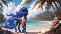 Size: 2560x1440 | Tagged: safe, ai content, artist:dovakkins, derpibooru exclusive, derpibooru import, generator:pony diffusion v6 xl, generator:stable diffusion, machine learning assisted, princess luna, alicorn, pony, g4, beach, cliff, clothes, female, flower, hawaiian shirt, looking back, looking to side, looking to the left, mare, outdoors, palm tree, profile, retirement, shirt, shore, side view, smiling, solo, summer, sunglasses, sunglasses on head, tree, wavy mane