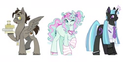 Size: 1900x962 | Tagged: safe, artist:anemonaii, derpibooru import, oc, oc only, oc:conan, oc:mint bubble, oc:resonance (anemonaii), earth pony, pegasus, unicorn, g4, arm warmers, black coat, blue coat, blue eyes, blue mane, blue tail, bracelet, brown mane, brown tail, button-up shirt, clothes, colored eyebrows, colored hooves, colored pinnae, curly hair, curly mane, curly tail, dress shirt, ear piercing, earring, earth pony oc, eye clipping through hair, eyelashes, eyeshadow, female, fishnet clothing, freckles, glasses, golden eyes, gray coat, gyaru, hair accessory, hair bun, hairclip, hoof hold, horn, jewelry, lanyard, leg freckles, long mane, long tail, looking back, magic, magical lesbian spawn, makeup, male, mare, messy mane, messy tail, multicolored mane, multicolored tail, necklace, necktie, next generation, offspring, one eye closed, open mouth, parent:bon bon, parent:derpy hooves, parent:doctor whooves, parent:lyra heartstrings, parent:octavia melody, parent:vinyl scratch, parents:doctorderpy, parents:lyrabon, parents:scratchtavia, pegasus oc, physique difference, piercing, pigtails, profile, purple eyes, raised eyebrows, raised hoof, raised leg, shirt, signature, simple background, smiling, spiked wristband, spread wings, stallion, standing, straight mane, straight tail, tail, teal eyes, tied mane, tied tail, tongue, tongue out, trio, two toned mane, two toned tail, unicorn horn, unicorn oc, unshorn fetlocks, wall of tags, white background, wing freckles, wingding eyes, wings, wink, wristband