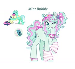 Size: 1050x962 | Tagged: safe, artist:anemonaii, derpibooru import, oc, oc only, oc:mint bubble, earth pony, pony, arm warmers, blue coat, blue eyes, bracelet, clothes, colored pinnae, ear piercing, earring, earth pony oc, eye clipping through hair, eyeshadow, female, freckles, gyaru, hair accessory, hairclip, jewelry, long mane, long tail, magical lesbian spawn, makeup, mare, messy mane, messy tail, necklace, next generation, offspring, one eye closed, parent:bon bon, parent:lyra heartstrings, parents:lyrabon, piercing, ponytail, raised hoof, raised leg, reference, signature, simple background, solo, tail, teal eyes, text, tied mane, tied tail, tongue, tongue out, two toned mane, two toned tail, white background, wingding eyes, wink