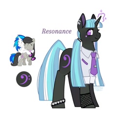 Size: 966x962 | Tagged: safe, artist:anemonaii, derpibooru import, oc, oc only, oc:resonance (anemonaii), pony, unicorn, beauty mark, black coat, blue mane, blue tail, button-up shirt, clothes, colored pinnae, dress shirt, ear piercing, earring, eyelashes, female, fishnet clothing, horn, jewelry, long mane, long tail, magic, magical lesbian spawn, mare, multicolored mane, multicolored tail, necktie, next generation, offspring, parent:octavia melody, parent:vinyl scratch, parents:scratchtavia, piercing, profile, purple eyes, reference, shirt, signature, simple background, smiling, solo, spiked wristband, standing, straight mane, straight tail, tail, text, unicorn oc, white background, wingding eyes, wristband