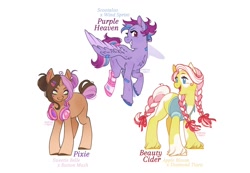 Size: 1222x847 | Tagged: safe, artist:anemonaii, derpibooru import, oc, oc only, oc:beauty cider, oc:pixie (anemonaii), oc:purple heaven, earth pony, pegasus, pony, unicorn, g4, ahoge, amputee, bandaid, beauty mark, blue eyes, blushing, bow, braid, braided tail, brown coat, brown eyes, chest fluff, clothes, colored eyebrows, colored hooves, colored pinnae, colored wings, colored wingtips, denim, denim jacket, ear fluff, ear piercing, earring, ears, earth pony oc, eyelashes, facial markings, female, flying, gradient legs, green eyes, hair bow, hair bun, headphones, horn, jacket, jewelry, leg scar, long tail, magical lesbian spawn, messy mane, narrowed eyes, next generation, offspring, open mouth, open smile, parent:apple bloom, parent:button mash, parent:diamond tiara, parent:scootaloo, parent:sweetie belle, parent:wind sprint, parents:diamondbloom, parents:scootasprint, parents:sweetiemash, pegasus oc, piercing, pigtails, profile, prosthetic leg, prosthetic limb, prosthetics, purple coat, scar, short horn, short mane, signature, simple background, smiling, space buns, splotches, spread wings, tail, tail bow, tied mane, tied tail, trio, trio female, two toned mane, two toned tail, two toned wings, unicorn horn, unicorn oc, unshorn fetlocks, wall of tags, white background, wingding eyes, wings, yellow coat