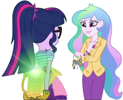 Size: 3075x2520 | Tagged: safe, derpibooru import, edit, edited screencap, editor:homersimpson1983, screencap, princess celestia, principal celestia, sci-twi, twilight sparkle, human, equestria girls, g4, background removed, clothes, duo, female, glasses, gloves, key, not a vector, ponytail, watering can