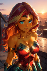 Size: 1024x1536 | Tagged: safe, ai content, derpibooru import, editor:masterdarhil, machine learning generated, sunset shimmer, equestria girls, g4, bare shoulders, bracer, breasts, cleavage, clothes, cosplay, costume, dc comics, ear piercing, earring, female, gold, jewelry, looking at you, metal, photoshop, piercing, prompter:sammykun, recolor, smiling, solo, sun, sunset jiggler, wonder woman