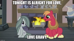Size: 888x499 | Tagged: safe, derpibooru import, edit, edited screencap, screencap, big macintosh, marble pie, earth pony, pony, g4, hearthbreakers, caption, cute, duo, female, fireplace, grin, image macro, looking at each other, looking at someone, love gravy, male, marblebetes, mare, meme, open mouth, open smile, ship:marblemac, shipping, sitting, smiling, smiling at each other, song in the description, song reference, south park, stallion, straight, text
