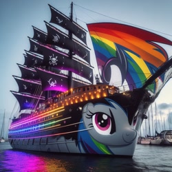 Size: 1024x1024 | Tagged: safe, ai content, machine learning generated, neon lights, pegasus, boat, dall·e mini, photo, sailboat, ship, water, yacht