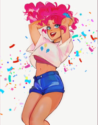 Size: 1170x1497 | Tagged: safe, artist:chloe dawn, artist:eggheadscientist, derpibooru import, pinkie pie, human, g4, abstract background, arm behind head, belly button, clothes, confetti, cutie mark on clothes, denim, denim shorts, female, humanized, midriff, open mouth, open smile, ponytail, shorts, smiling, solo, tan skin, thighs