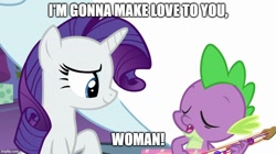 Size: 888x499 | Tagged: safe, derpibooru import, edit, edited screencap, screencap, rarity, spike, dragon, pony, unicorn, best gift ever, g4, chef (south park), duo, eyes closed, female, horn, i'm gonna make love to you woman, implied lovemaking, male, mare, meme, parody, scene parody, shipping, smiling, song in the description, song reference, south park, sparity, straight, twilight's castle, winged spike, wings, winterchilla, winterzilla