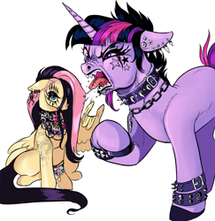 Size: 1982x2035 | Tagged: safe, artist:gorjee-art, derpibooru import, fluttershy, twilight sparkle, unicorn twilight, pegasus, pony, unicorn, bib necklace, collar, devil horn (gesture), drool, duo, duo female, ear piercing, earring, eyeshadow, face paint, female, high res, horn, jewelry, looking at you, makeup, mare, meme, metal, necklace, piercing, simple background, spiked collar, spiked wristband, tongue, tongue out, tongue piercing, we're emo, white background, wing hands, wings, wristband