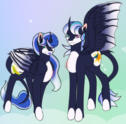 Size: 1300x1280 | Tagged: safe, artist:queenpoisonstar, derpibooru import, oc, oc only, oc:crown prince dusk, oc:crown princess dawn, alicorn, pony, brother, brother and sister, closed mouth, coat markings, ear fluff, ears, eyes open, family, fanfic art, female, folded wings, gradient background, happy, heterochromia, hybrid wings, leonine tail, lipstick, looking, looking at you, looking back, looking back at you, magical lesbian spawn, makeup, male, mare, name, next generation, nostrils, offspring, parent:princess celestia, parent:princess luna, parents:princest, prince, princess, product of incest, royalty, siblings, signature, sister, smiling, smiling at you, spread wings, stallion, standing, tail, text, tongue, tongue out, twins, unshorn fetlocks, wall of tags, wings
