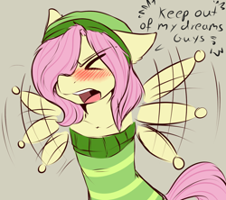 Size: 1280x1135 | Tagged: safe, artist:rainbowscreen, derpibooru import, butterscotch, fluttershy, anthro, g4, ask the gaylord, blushing, flailing, hat, male, rule 63, solo