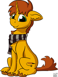 Size: 1500x1966 | Tagged: safe, artist:dsksh, derpibooru import, oc, oc only, oc:agent diego, pony, unicorn, chest fluff, clothes, green eyes, horn, looking at you, male, one ear down, scarf, simple background, sitting, smiling, solo, stallion, striped scarf, transparent background, unicorn oc, unshorn fetlocks
