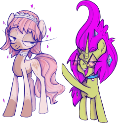 Size: 997x1042 | Tagged: safe, artist:overlord pony, derpibooru import, oc, oc only, oc:electra inkblot, oc:nuclear blossom, earth pony, unicorn, glasses, headband, height difference, horn, jewelry, lidded eyes, necklace, reverse countershading, simple background, sparkles, transparent background