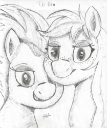 Size: 2516x3008 | Tagged: safe, artist:bjsampson, derpibooru import, applejack, spitfire, earth pony, pegasus, charcoal (medium), looking at you, monochrome, sketch, smiling, smiling at you, text, traditional art