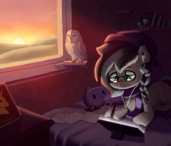 Size: 1280x1088 | Tagged: safe, artist:justgaduh, derpibooru import, oc, oc only, bird, earth pony, owl, pony, bed, braid, drawing, drawing tablet, female, lying down, mare, prone, solo, sunset