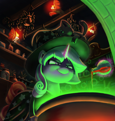 Size: 1800x1900 | Tagged: safe, artist:justgaduh, derpibooru import, oc, oc only, bat, cat, pony, unicorn, candle, cauldron, cloak, clothes, commission, female, hat, heterochromia, horn, jar, magic, mare, potion, telekinesis, thing in a jar, witch hat