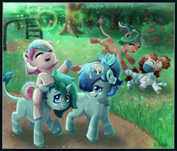 Size: 2000x1700 | Tagged: safe, artist:justgaduh, derpibooru import, oc, oc only, earth pony, frog, pony, unicorn, choker, clothes, female, filly, foal, hair tie, horn, leonine tail, picnic blanket, ponies riding ponies, riding, riding a pony, scarf, socks, sweater, tail