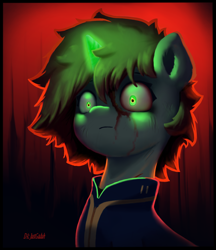 Size: 1900x2200 | Tagged: safe, artist:justgaduh, derpibooru import, oc, oc only, oc:littlepip, pony, unicorn, fallout equestria, bleeding, blood, female, glowing, glowing horn, horn, implied murder, mare, solo