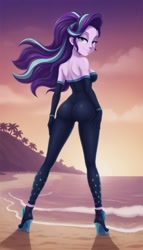 Size: 1152x2016 | Tagged: safe, ai content, derpibooru import, generator:pony diffusion v6 xl, generator:stable diffusion, machine learning generated, starlight glimmer, human, better together, equestria girls, g4, the other side, bare shoulders, beach, bodysuit, breasts, butt, clothes, cloud, dawn, evening gloves, female, gloves, hand on hip, high heels, lidded eyes, long gloves, looking at you, looking back, looking back at you, ocean, outdoors, palm tree, pose, prompter:siber, rear view, shoes, sideboob, smiling, smiling at you, solo, spine, strapless, thin, tree, unitard, water, windswept hair