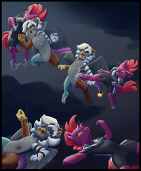 Size: 1900x2300 | Tagged: safe, artist:justgaduh, derpibooru import, tempest shadow, oc, draconequus, pony, semi-anthro, unicorn, armor, black eye, chest fluff, clothes, duo, female, fight, hoof shoes, horn, kicking, lying down, male, mare, punch, sparks, torn clothes