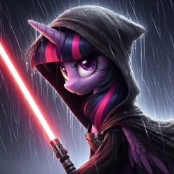 Size: 1024x1024 | Tagged: safe, ai content, derpibooru import, generator:dall-e 3, machine learning generated, twilight sparkle, twilight sparkle (alicorn), alicorn, crossover, dark jedi, lightsaber, looking at you, prompter:doomguy397, rain, sith, solo, star wars, weapon