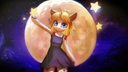 Size: 1920x1080 | Tagged: safe, artist:hierozaki, derpibooru import, oc, oc only, oc:syl, pony, semi-anthro, unicorn, clothes, dress, full moon, horn, looking at you, moon, smiling, smiling at you, solo, stars, tangible heavenly object, unicorn oc