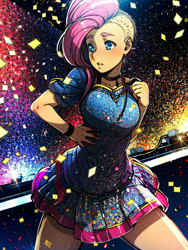 Size: 768x1024 | Tagged: safe, ai content, derpibooru exclusive, derpibooru import, generator:stable diffusion, machine learning generated, fluttershy, human, g4, concert, confetti, female, generator:pixai.art, humanized, idol, prompter:sirius business, pyroshy, solo