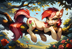 Size: 1216x832 | Tagged: safe, ai content, derpibooru import, generator:pony diffusion v6 xl, generator:stable diffusion, machine learning generated, roseluck, pony, angry, behaving like a cat, collar, fangs, flower, fluffy, looking at you, lying down, pet tag, pony pet, prompter:doom9454, rose, rosepet, solo, tree, tree branch
