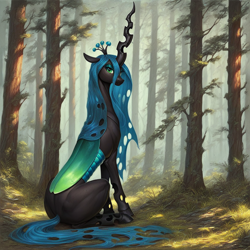 Size: 1200x1200 | Tagged: safe, ai content, derpibooru import, generator:pony diffusion v6 xl, generator:stable diffusion, machine learning generated, queen chrysalis, changeling, changeling queen, g4, bust, female, forest, nature, portrait, prompter:star-dragon, sitting, solo, tree
