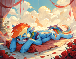 Size: 1152x896 | Tagged: safe, ai content, derpibooru import, generator:pony diffusion v6 xl, generator:stable diffusion, machine learning generated, rainbow dash, pegasus, pony, g4, bedroom eyes, blushing, flower, prompter:gullveigai, rose, solo