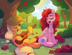 Size: 1966x1522 | Tagged: safe, artist:skysorbett, derpibooru import, applejack, oc, oc:ruby shine, alicorn, pony, g4, alicorn oc, apple, apple tree, applejack's hat, chest fluff, clothes, colored eyebrows, cowboy hat, duo, duo female, ear fluff, ears, eyebrows, eyes closed, female, folded wings, food, freckles, guitar, hat, hoof fluff, horn, lying down, mare, musical instrument, not pinkie pie, on back, one eye closed, open mouth, open smile, outdoors, sitting, smiling, tree, underhoof, wings