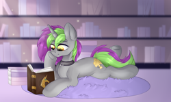 Size: 4676x2796 | Tagged: artist needed, safe, derpibooru import, oc, oc only, oc:frenzy nuke, pony, unicorn, book, bookshelf, cute, horn, lying down, reading, solo