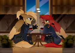 Size: 2700x1900 | Tagged: safe, artist:zlatavector, derpibooru import, oc, oc only, griffon, clothes, commission, dialogue, female, griffon oc, male, oc name needed, size difference, talking