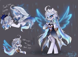 Size: 1024x752 | Tagged: safe, artist:petaltwinkle, derpibooru import, earth pony, pony, unicorn, artificial wings, augmented, duo, eyes closed, female, focalors (genshin impact), furina (genshin impact), genshin impact, gray background, horn, magic, magic wings, mare, obtrusive watermark, ponified, simple background, smiling, solo focus, species swap, watermark, wings