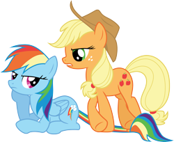Size: 3679x3000 | Tagged: safe, artist:cloudy glow, derpibooru import, applejack, rainbow dash, earth pony, pegasus, pony, fall weather friends, g4, cowboy hat, duo, duo female, female, hat, high res, mare, simple background, stetson, transparent background, vector