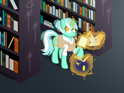 Size: 4160x3120 | Tagged: safe, artist:jesterofdestiny, derpibooru import, lyra heartstrings, unicorn, g4, book, bookshelf, clothes, hair bun, horn, library, magic, notebook, pencil, shirt, solo, sweater vest, telekinesis