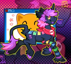 Size: 2173x1961 | Tagged: safe, artist:nevgig, derpibooru import, oc, oc only, oc:gameboy, pony, unicorn, art fight, bandana, black coat, chest fluff, coat markings, colored ears, colored hooves, colored mouth, colored sclera, curved horn, ear fluff, ears, eyelashes, fangs, freckles, hooves, horn, leonine tail, long mane, long mane male, looking back, male, multicolored eyes, multicolored hooves, multicolored mane, neckerchief, open mouth, open smile, patterned background, profile, shiny horn, signature, smiling, solo, stallion, striped, stripes, tail, tail fluff, thin, two toned tail, unicorn horn, unicorn oc, unshorn fetlocks, walking, wingding eyes, yellow sclera, zoom layer