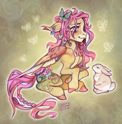 Size: 1491x1521 | Tagged: safe, artist:nevgig, derpibooru import, angel bunny, fluttershy, butterfly, pegasus, pony, rabbit, g4, abstract background, alternate color palette, alternate eye color, alternate hairstyle, alternate tailstyle, animal, blaze (coat marking), braid, braided tail, coat markings, colored belly, colored hooves, colored pinnae, colored wings, colored wingtips, duo, duo male and female, ear piercing, earring, ears, eye clipping through hair, eyebrow piercing, eyebrow slit, eyebrows, eyelashes, facial markings, female, floppy ears, glowing, hair accessory, hairclip, jewelry, looking at someone, male, mare, mealy mouth (coat marking), multicolored wings, outline, pale belly, partially open wings, piercing, pink eyes, profile, raised hoof, raised leg, safety pin, shiny hoof, signature, sitting, smiling, tail, wings, yellow coat