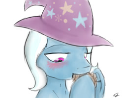 Size: 1280x1024 | Tagged: artist needed, safe, derpibooru import, trixie, unicorn, g4, blushing, hat, horn, pinecone, signature