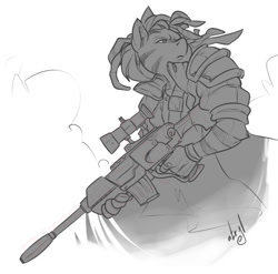 Size: 540x533 | Tagged: safe, artist:atryl, derpibooru import, oc, oc only, anthro, zebra, fallout equestria, dreadlocks, gun, male, monochrome, rifle, simple background, sketch, sniper rifle, solo, weapon, white background