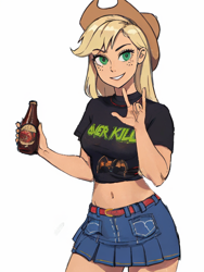 Size: 576x768 | Tagged: safe, ai content, derpibooru import, machine learning generated, applejack, human, equestria girls, g4, rainbow rocks, alcohol, applerack, beer, beer bottle, belly button, big breasts, bottle, breasts, clothes, cowboy hat, denim, denim skirt, female, goat horns, hat, horns, looking at you, metal, overkill, prompter:hqdmusthave, rock, skirt, smiling, solo, solo female, standing, stupid sexy applejack