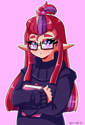 Size: 2784x4071 | Tagged: safe, artist:mylittleyuri, derpibooru import, moondancer, human, g4, blushing, book, clothes, cute, dancerbetes, elf ears, female, heart, heart eyes, horn, horned humanization, humanized, pink background, simple background, solo, sweater, wingding eyes