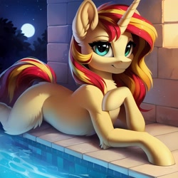 Size: 3072x3072 | Tagged: safe, ai content, derpibooru import, generator:stable diffusion, machine learning generated, sunset shimmer, pony, unicorn, g4, blank flank, ear fluff, ears, female, horn, looking at you, lying down, mare, night, prompter:seashell, prone, smiling, smiling at you, solo, swimming pool, tail, two toned mane, two toned tail